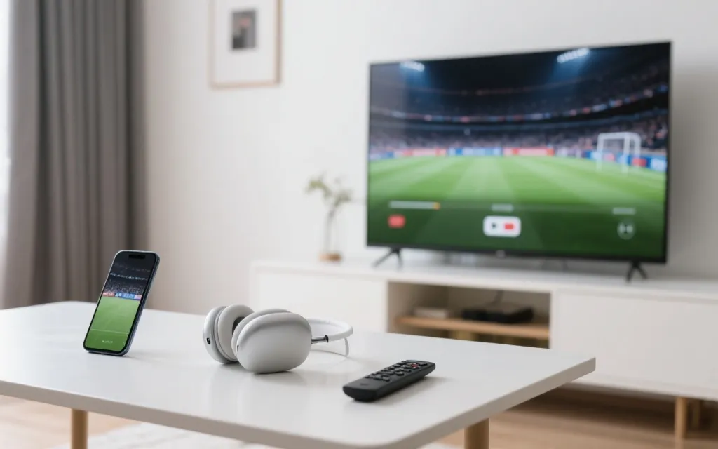 手机投屏到电视并选择越南语解说音轨的观赛设置示意