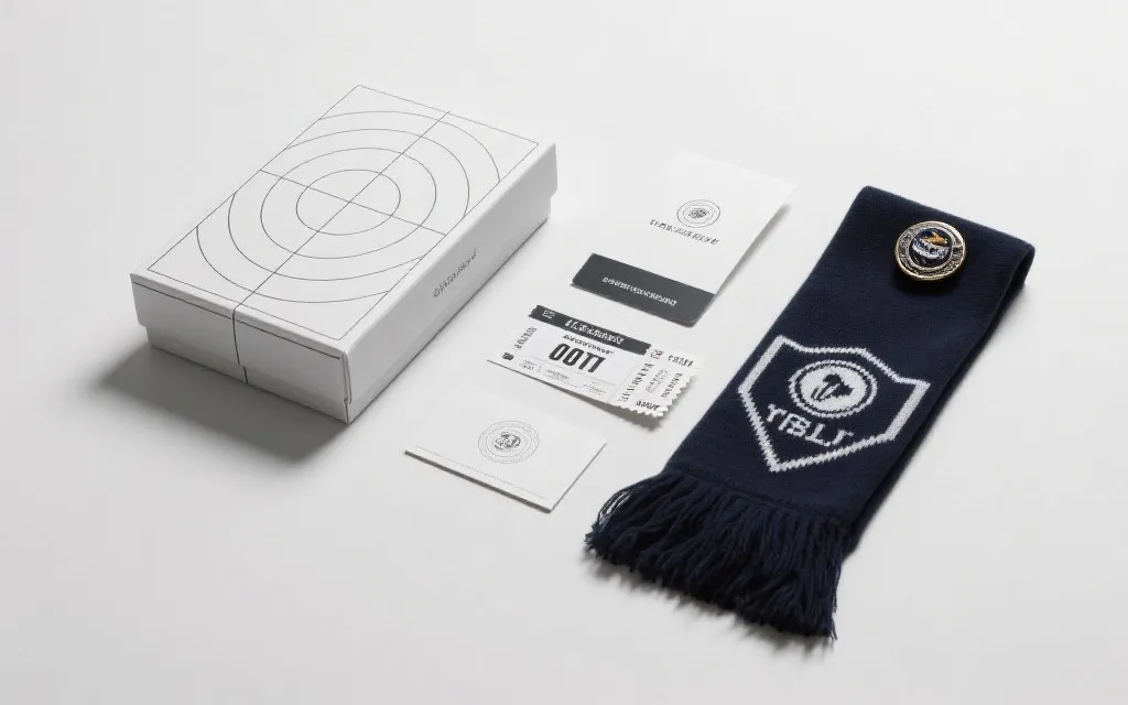 礼盒包装创意：球场线条图案盒子、赛程票根卡片、围巾与徽章整齐摆放