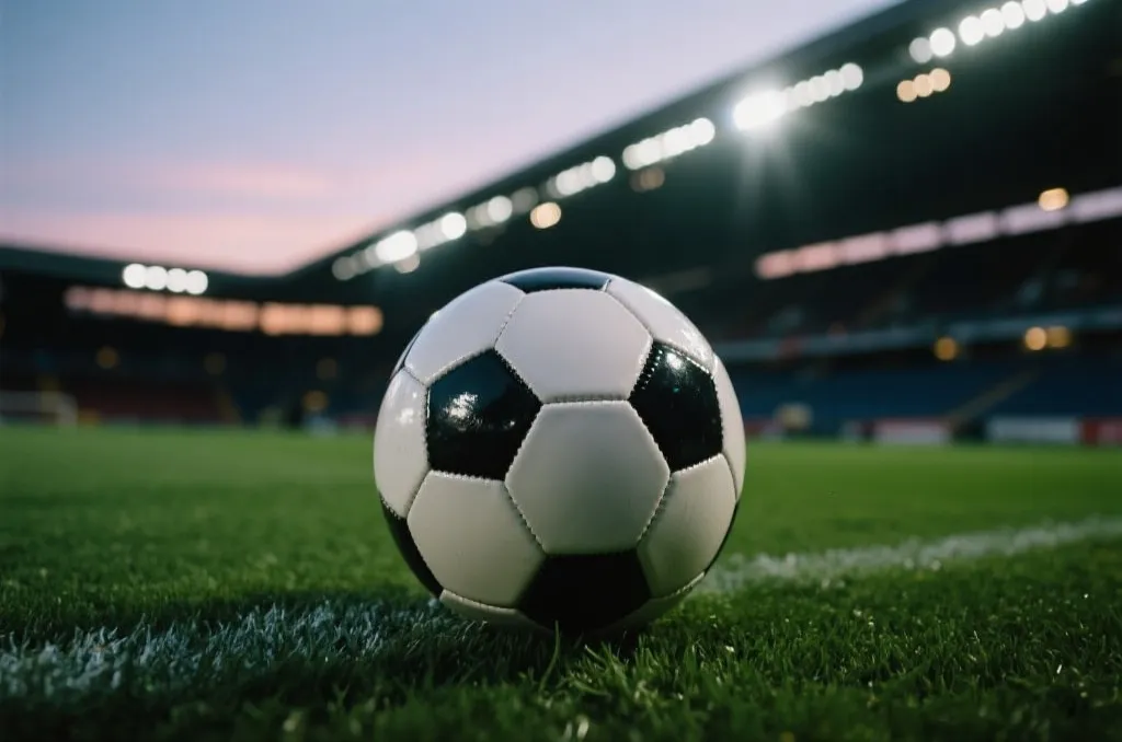 Soccer ball resting on the green grass of a stadium pitch